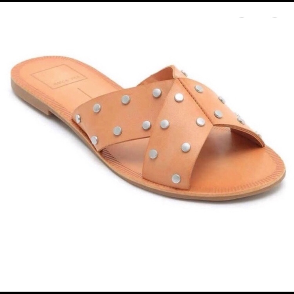 Dolce Vita Cary Sandal Criss Cross Straps Studded Tan Silver Faux Leather 7M
